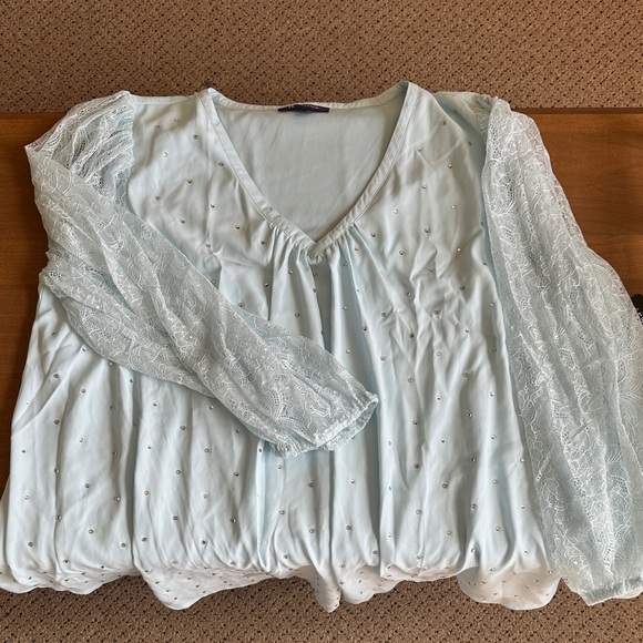 Roaman's Tops - Roaman's Light Blue Blouse with Lace Sleeves